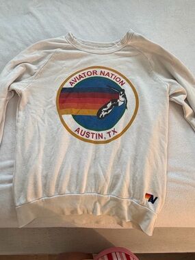 Aviator Nation Cream Crewneck with Retro Stripe Logo